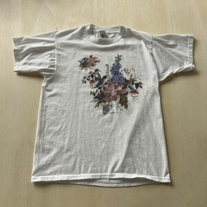 Vintage 1996 Fruit Of The Loom Shirt Mens Large White Hummingbird Floral Tee